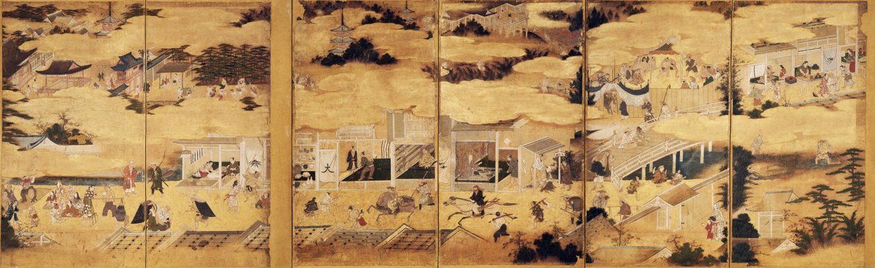 Başkent ve çevresinden sahneler, altı katlı byobu çifti by Kano Takanobu