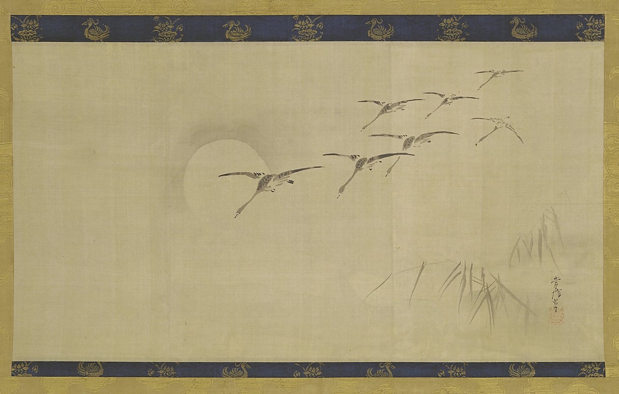 Kazlar, ay ve su bitkileri, Edo dönemi, 17. yüzyılın ortası ile 18. yüzyılın başları (ipek üzerine mürekkep) by Kano Tsunenobu