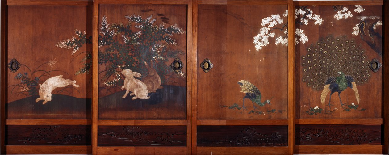 ಸ್ಲೈಡಿಂಗ್ ಮರದ ಬಾಗಿಲುಗಳ ಮೇಲಿನ ವರ್ಣಚಿತ್ರಗಳು, c.1700 (ಮರದ ಮೇಲೆ ಇಂಕ್ ಮತ್ತು ಡಬ್ಲ್ಯೂಸಿ) ಟರ್ಕಿ by Kano Tsunenobu