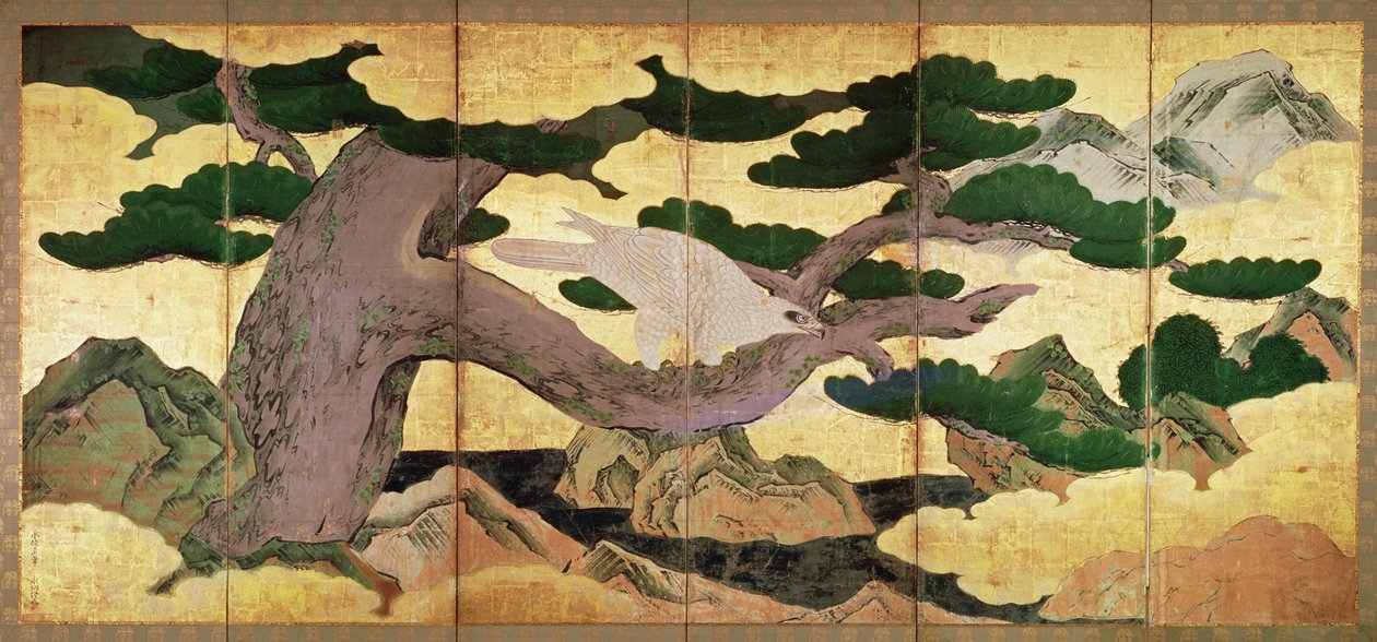 The Hawks in the Pines, 6 panelli paravan (kalem ve mürekkep, renkli, panelde altın) (bkz. 216562) by Kano Eitoku