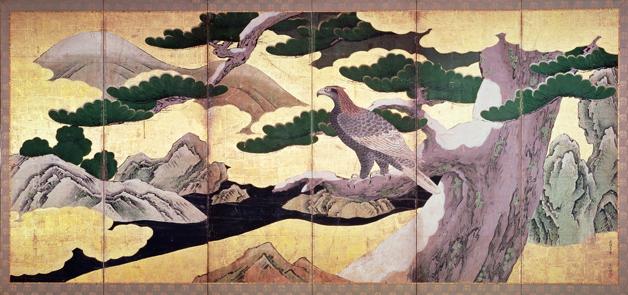 The Hawks in the Pines, 6 panelli paravan (kalem ve mürekkep, renkli, panelde altın) (bkz. 216561) by Kano Eitoku