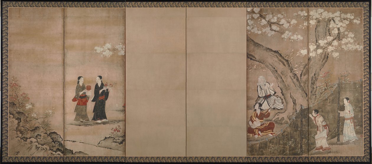 Aronia çiçeklerinin altında eğlence. Bir çift altı bölmeli paravanın sağı, 18. yüzyıl by Kano Isenin Naganobu