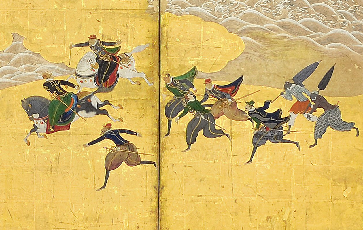 Güney Barbarların Ticarete Gelmesinin Detayı, altı panelli ekran çifti, 17. yüzyılın başları by Kano Naizen