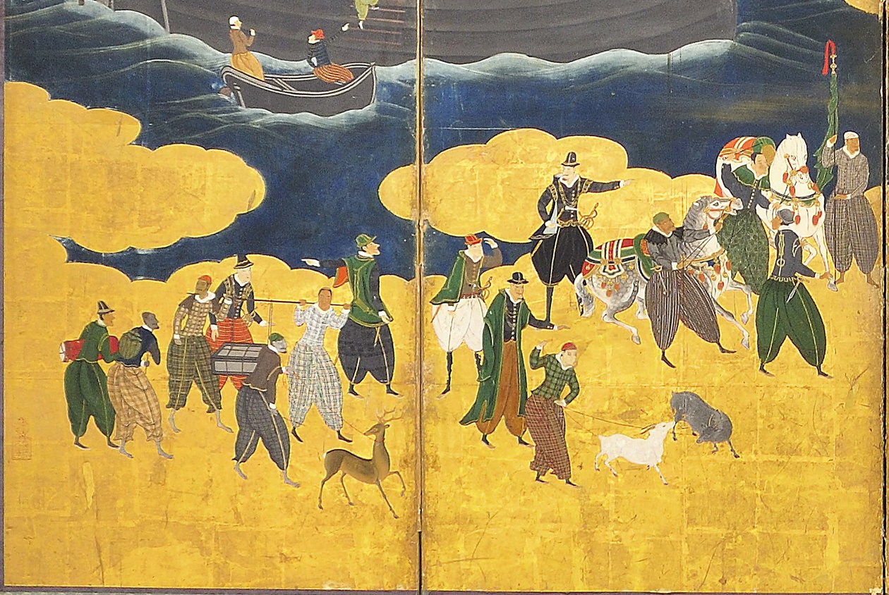 Güney Barbarların Ticarete Gelmesinin Detayı, altı panelli ekran çifti, 17. yüzyılın başları by Kano Naizen