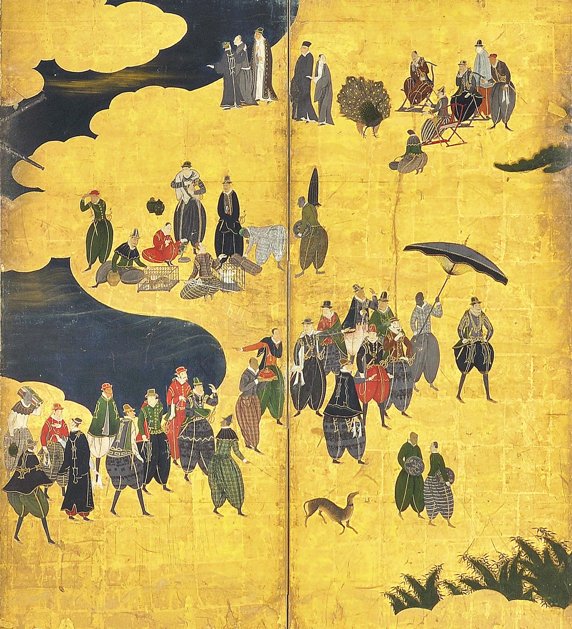 Güney Barbarların Ticarete Gelmesinin Detayı, altı panelli ekran çifti, 17. yüzyılın başları by Kano Naizen