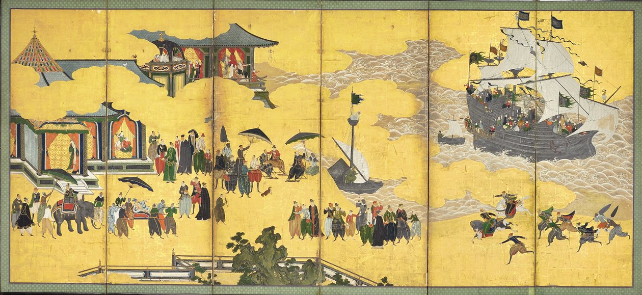 Güney Barbarlar Ticarete Geliyor, altı panelli ekran çifti, 17. yüzyılın başları by Kano Naizen