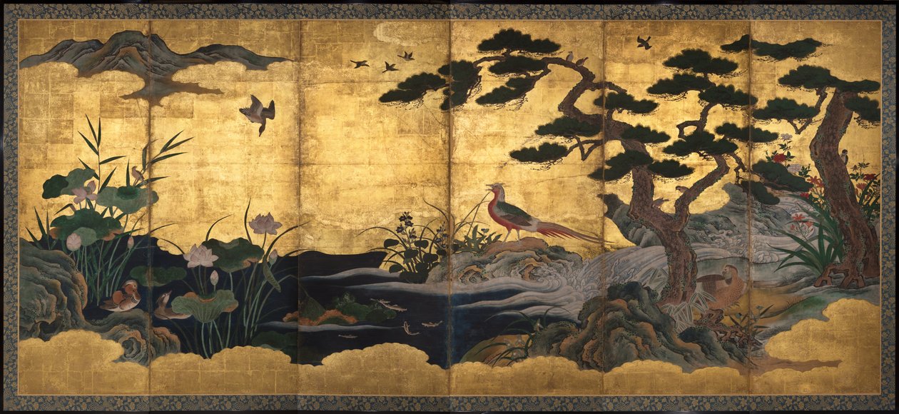Kuşlar ve Çiçekler, 16. yüzyıl sonu (kağıt üzerinde mürekkep, renk, altın varak ve altın benek) by Kano Shoei (attr.to)