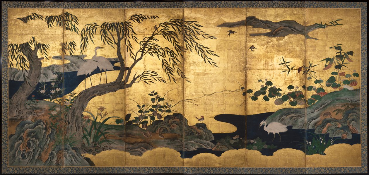 Kuşlar ve Çiçekler, 16. yüzyıl sonu (kağıt üzerinde mürekkep, renk, altın varak ve altın benek) by Kano Shoei (attr.to)