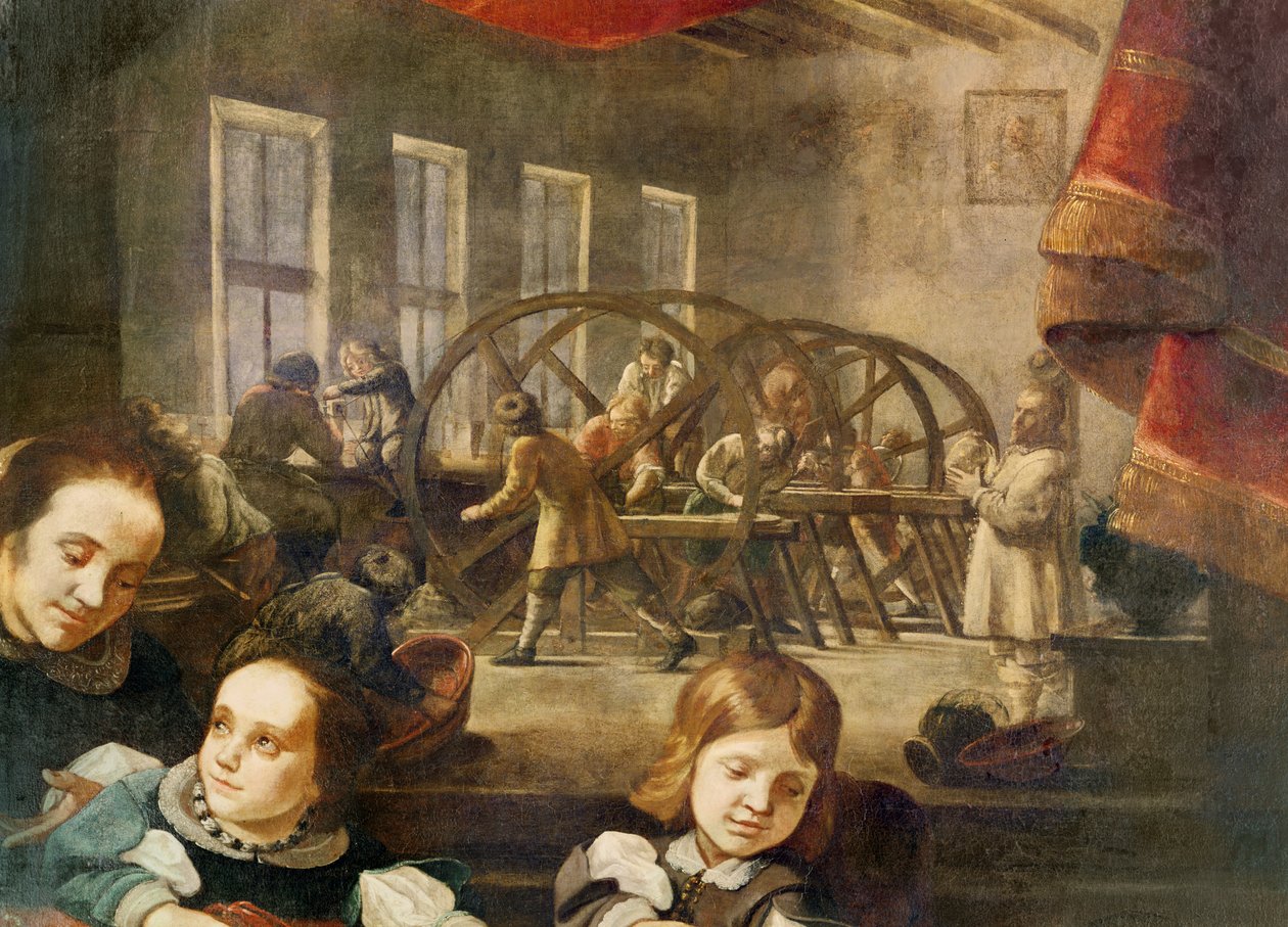 Değerli taş kesici Dyonis Miseroni ve ailesinin portresinden detay, atölyesinde cam üzerine gravür gösteriliyor, 1653 by Karel Škréta