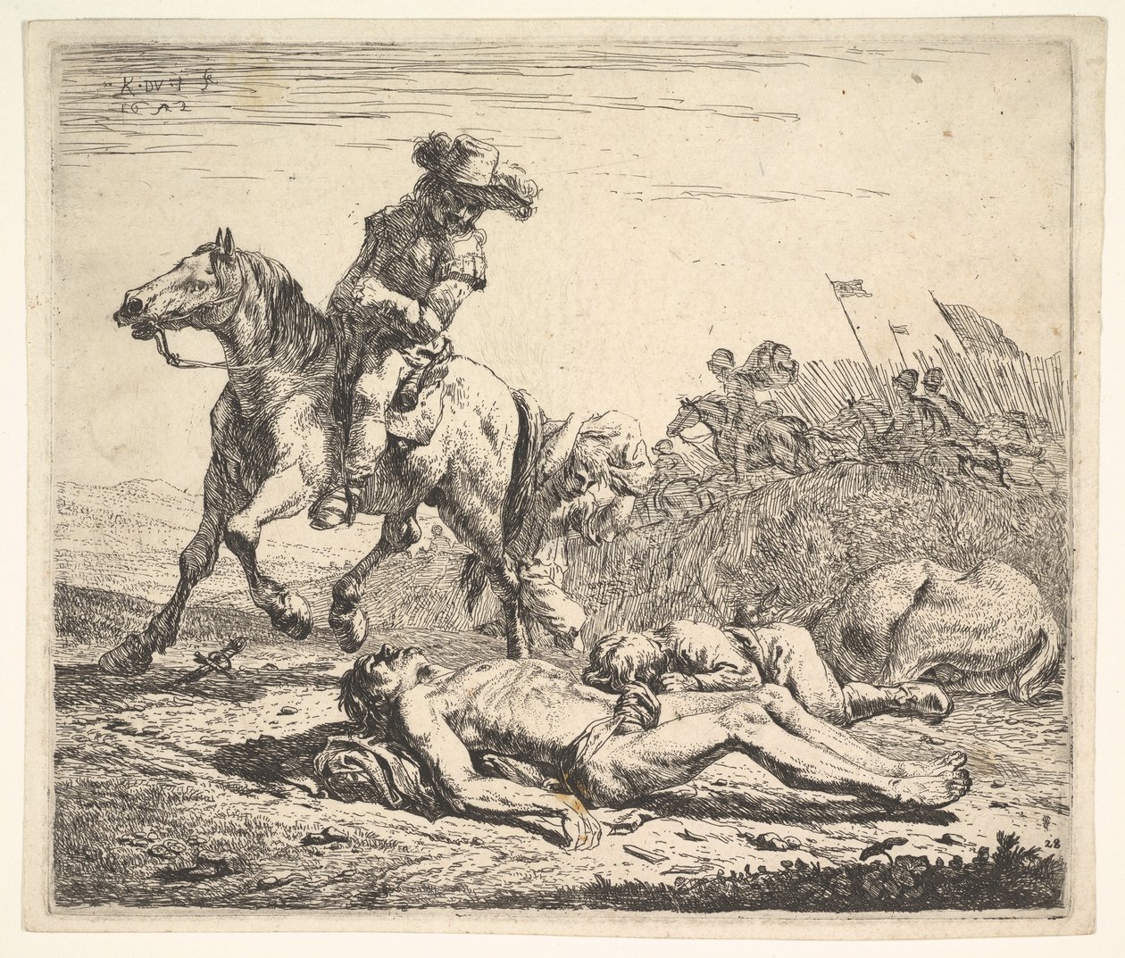 Süvarinin sol omzunun üzerinden topraktaki soyulmuş cesede baktığı savaş alanı..., 1652. by Karel Du Jardin