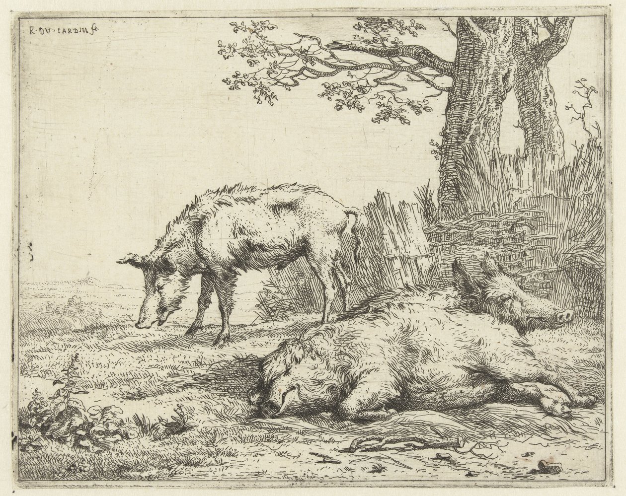 Bir çitin yanında üç yaban domuzu by Karel Du Jardin