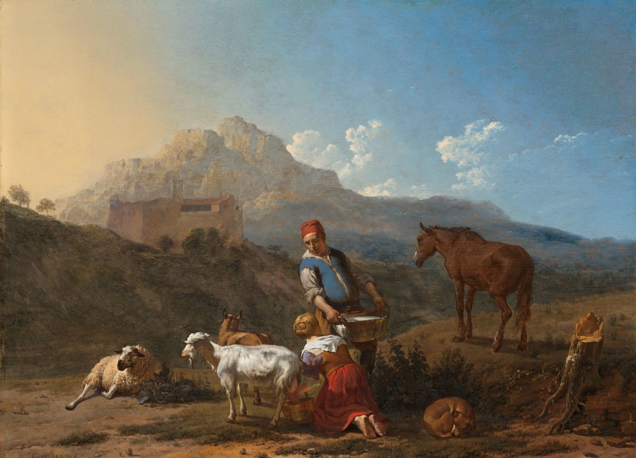 Keçi Sağan Kızla İtalyan Manzarası Bir keçi sağan kız ile İtalyan manzara by Karel Du Jardin