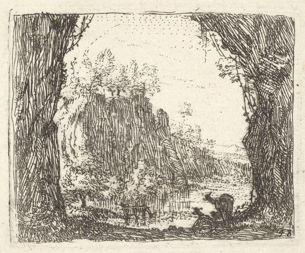 Sol ve sağ ön planda ağaçlarla çevrili manzara, iki goa..., ca. 1641-78. by Karel Du Jardin