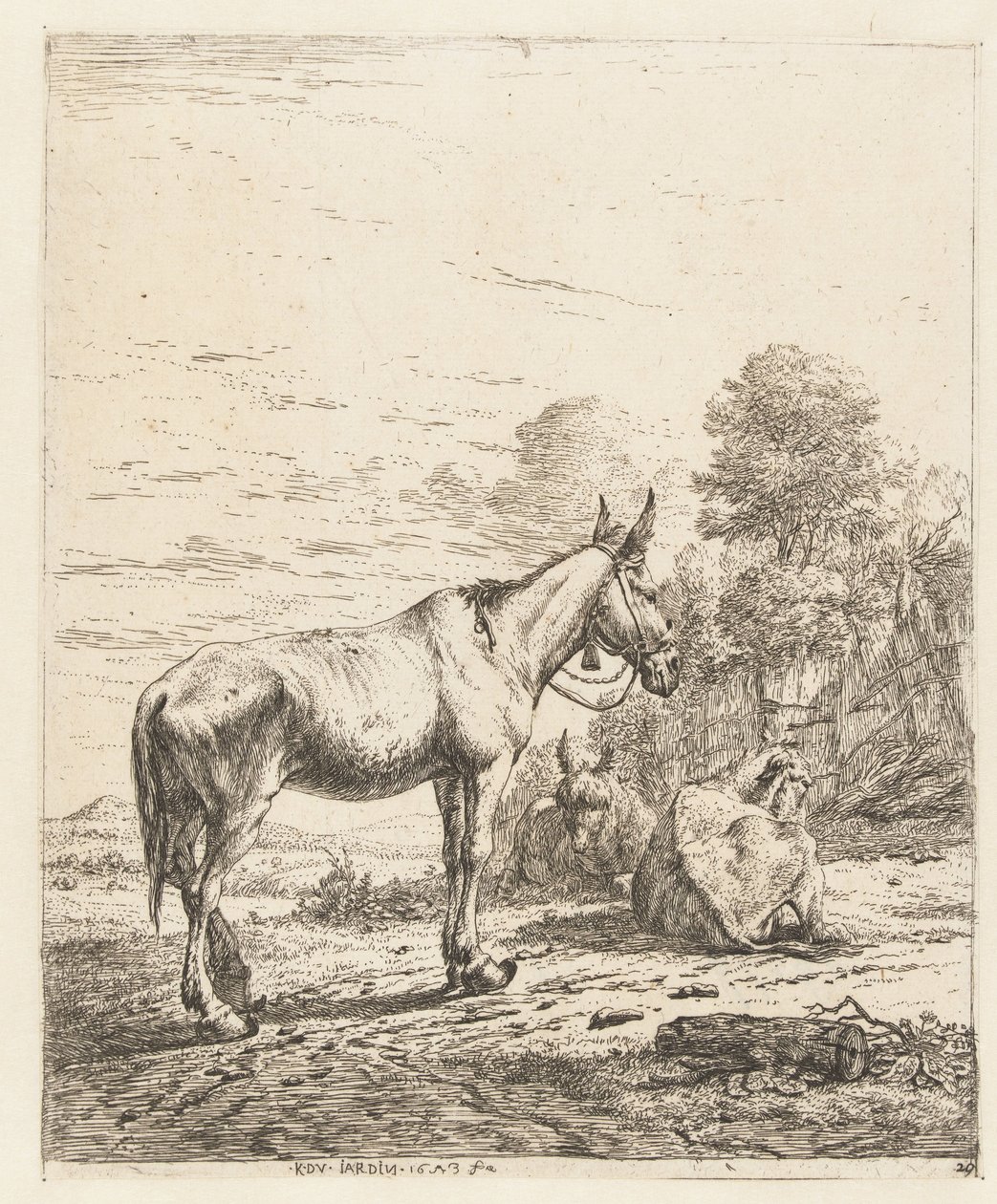 Halter üzerinde çan ve uzanmış iki eşek ile katır by Karel Du Jardin