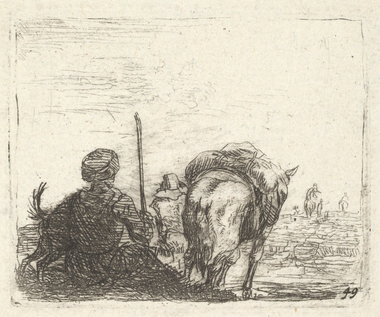 Yük atı, sağ elinde asası olan oturan adam ve köpek, hepsi arkadan görülüyor..., yakl. 1641-78. by Karel Du Jardin