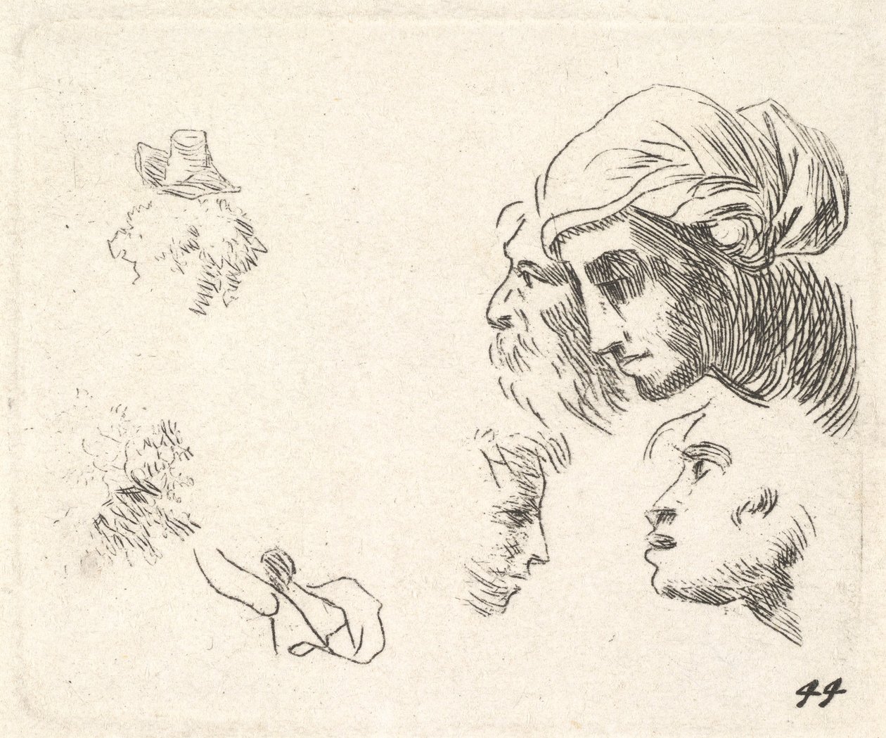 Profil görünümünde kafaların incelenmesi, baş örtülü bir kadın ve kafaları ..., yakl. 1641-78. by Karel Du Jardin