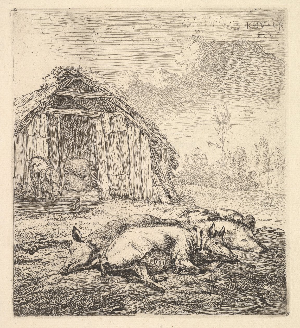 Yanlarında yatan üç domuz, bir domuz ahırı ve ötesinde, 1652. by Karel Du Jardin