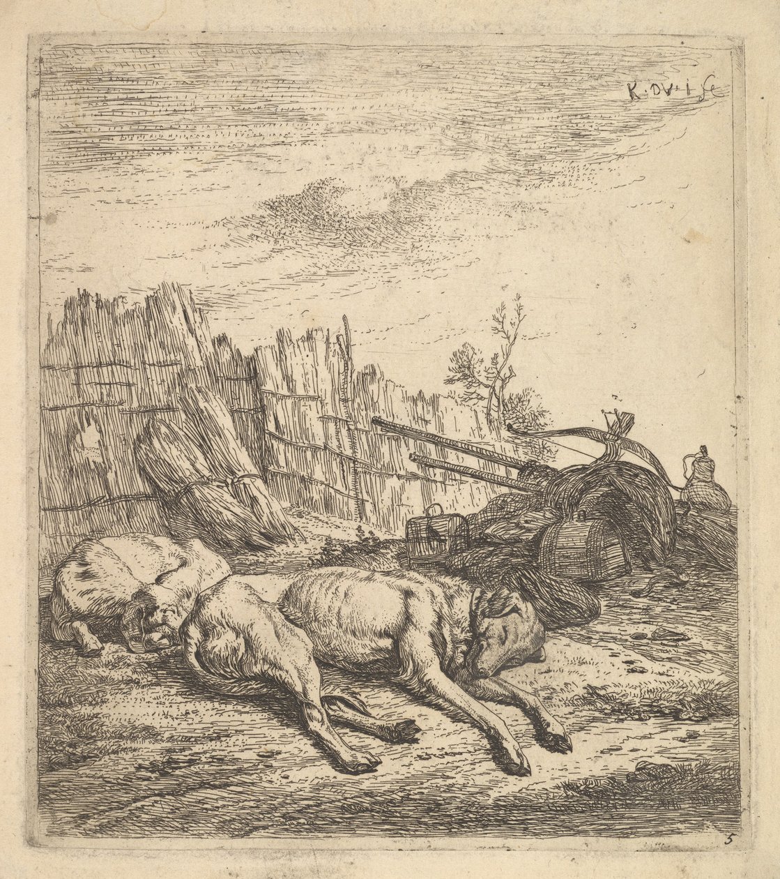 Yerde uyuyan iki köpek, bir saban, tarım aletleri, bir demet saman ve bir ..., yakl. 1641-78. by Karel Du Jardin