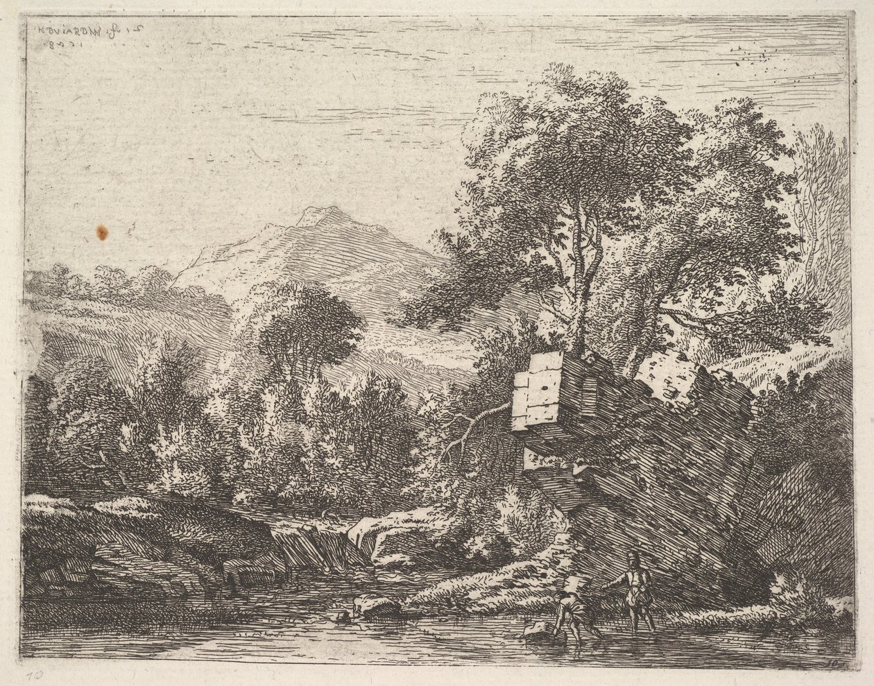 Arkalarında kayalık bir çıkıntı olan bir su kütlesinde ayak bileği derinliğinde duran iki adam, kuzeye..., 1658. by Karel Du Jardin
