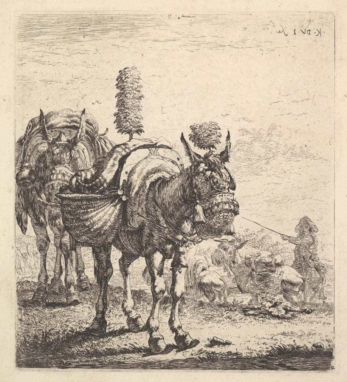 El çantaları taşıyan ve at gözlüğü, tüy ve püsküllerle donatılmış iki katır, bir mu..., yakl. 1641-78. by Karel Du Jardin