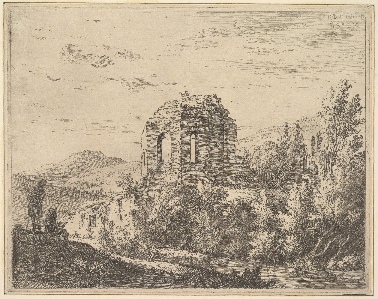 İki kemerli pencereli bir binanın köşesini gösteren harabelerin görünümü, manzara görüntüsü..., 1658. by Karel Du Jardin