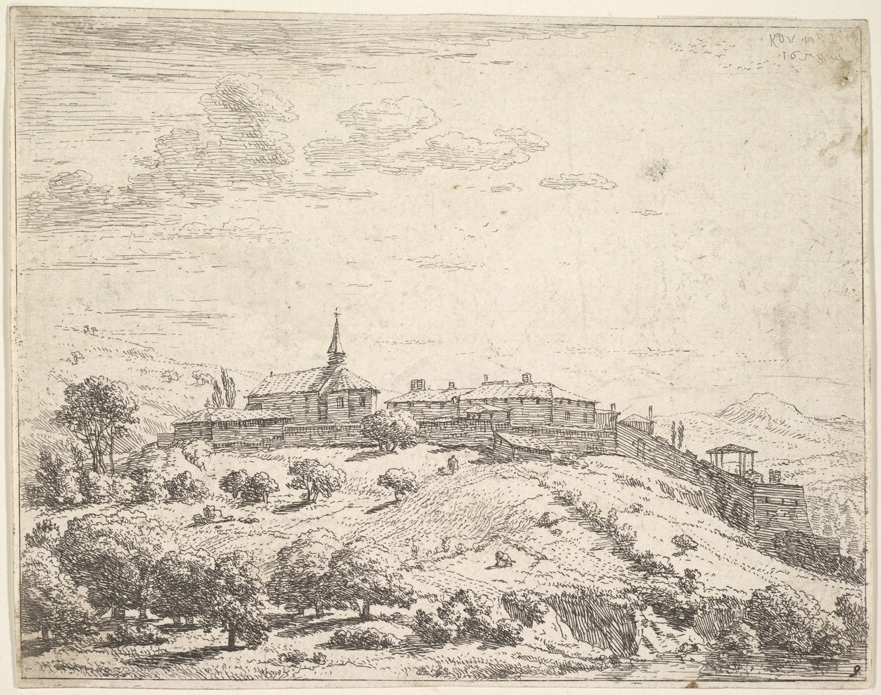 Bir tepe üzerinde duvarlarla çevrili köy, solda kilise ve aşağı yamaçta inşa edilmiş binalar...., 1658. by Karel Du Jardin