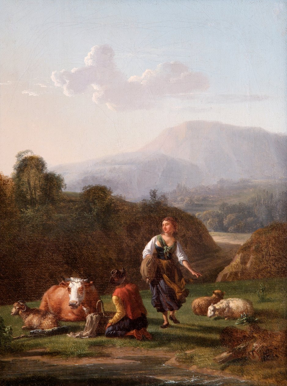 Nehir Kıyısı: Figürler ve Sığırlarla Manzara (tuval üzerine yağlı boya) by Karel Dujardin