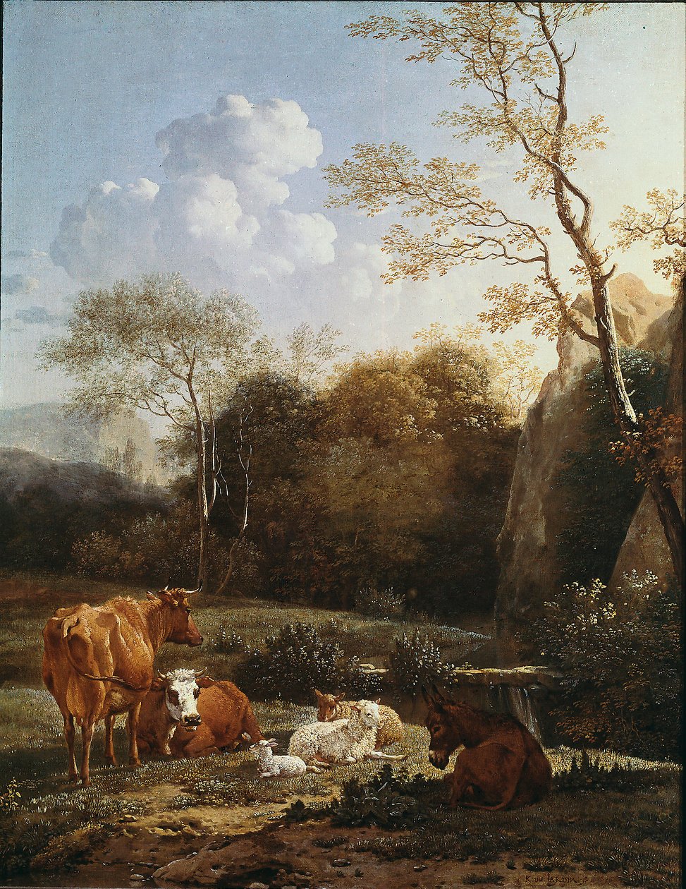 Bir dere yakınında hayvan bocage. Resim Karel Dujardin (1622-1678) 1656 Güneş. 52x43 cm Paris, Louvre Müzesi by Karel Dujardin