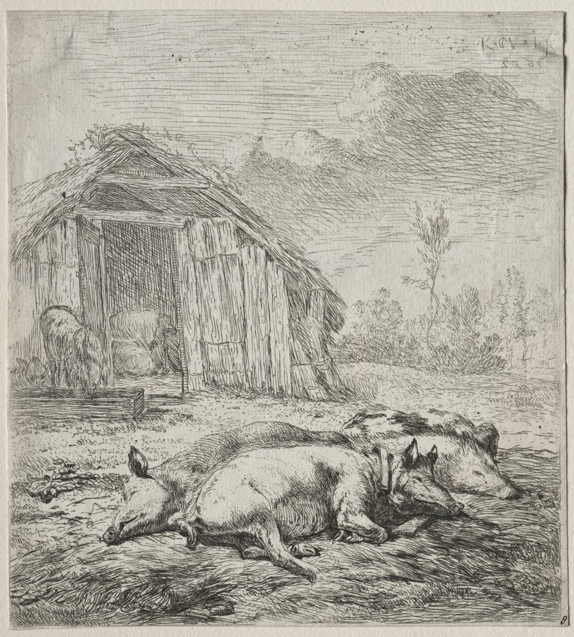 Bir Arpacık Önünde Yatan Üç Domuz. by Karel Dujardin