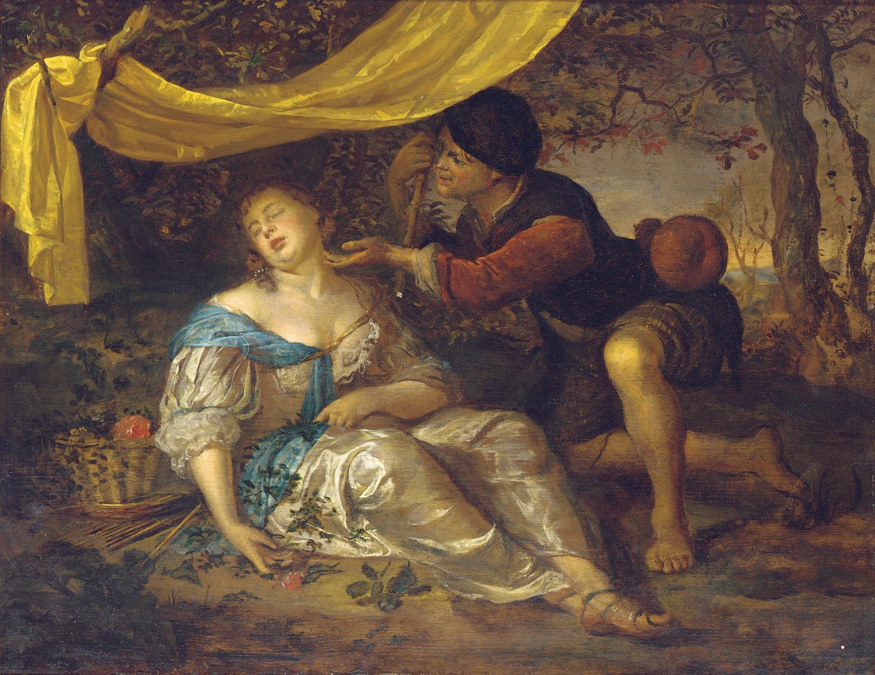 Ormanlık bir arazide bir gölgelik altında uyuyan bir bayanın üzerine diz çökmüş bir çoban by Karel de Moor
