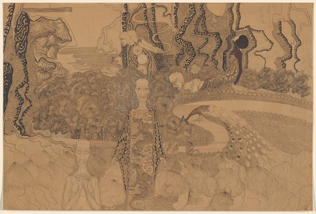 Bir bahçede figürler ve tavus kuşu ile alegorik temsil by Karel de Nerée tot Babberich (signed by artist)