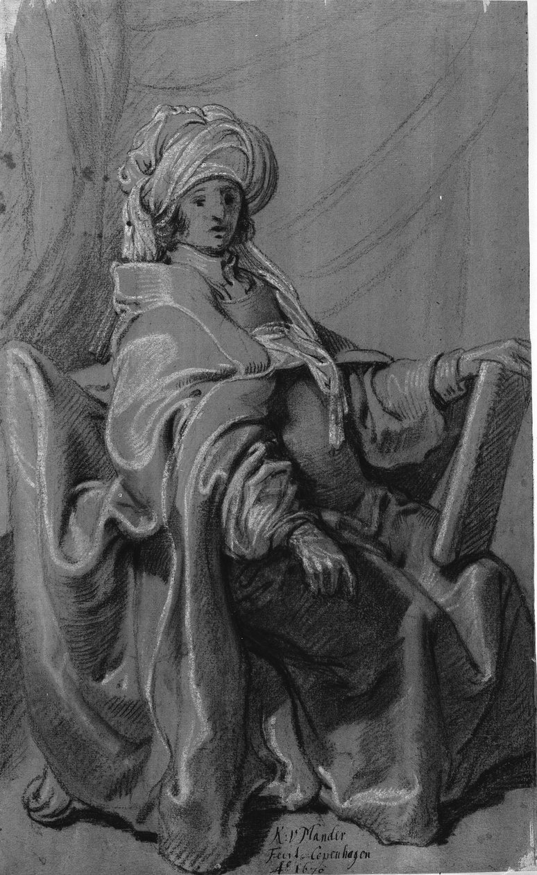 Pelerinli ve sarıklı oturan figür, elinde bir kitap tutuyor. Sağa dönük. by Karel van III Mander