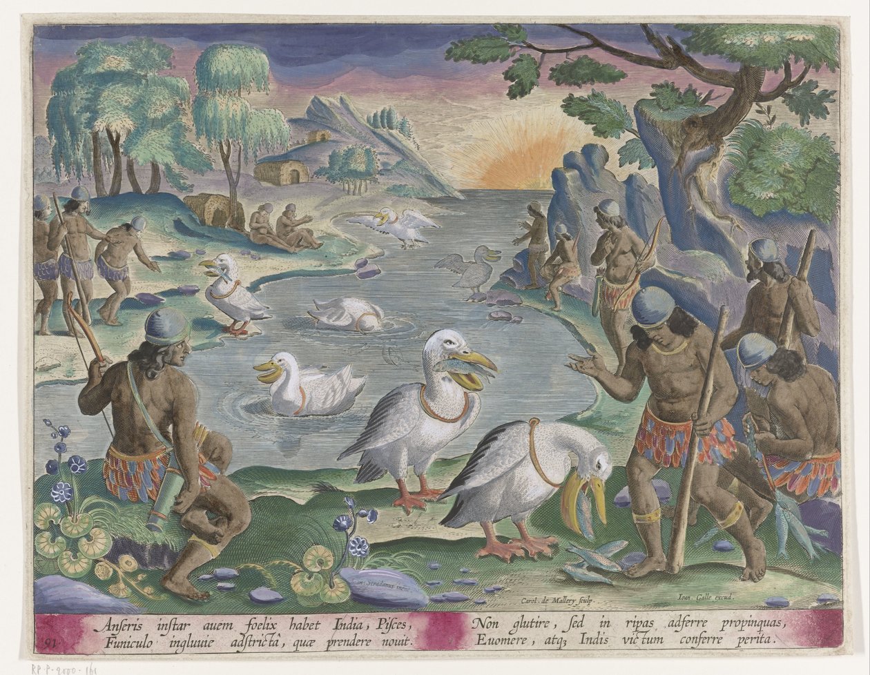Vis vangen bir araya geldi behulp van pelikanen Jachttaferelen (dizi adı) Vahşi hayvanların, kuşların, vahşi hayvanların balıklarının avı (dizi adı) by Karel van Mallery