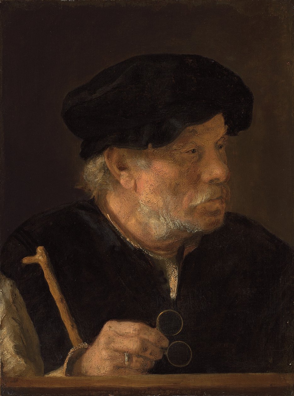 Bir adam, göğüs boyunda, elinde bir baston ve gözlüğüyle, tahta bir çıkıntının yanında. by Karel van der Pluym