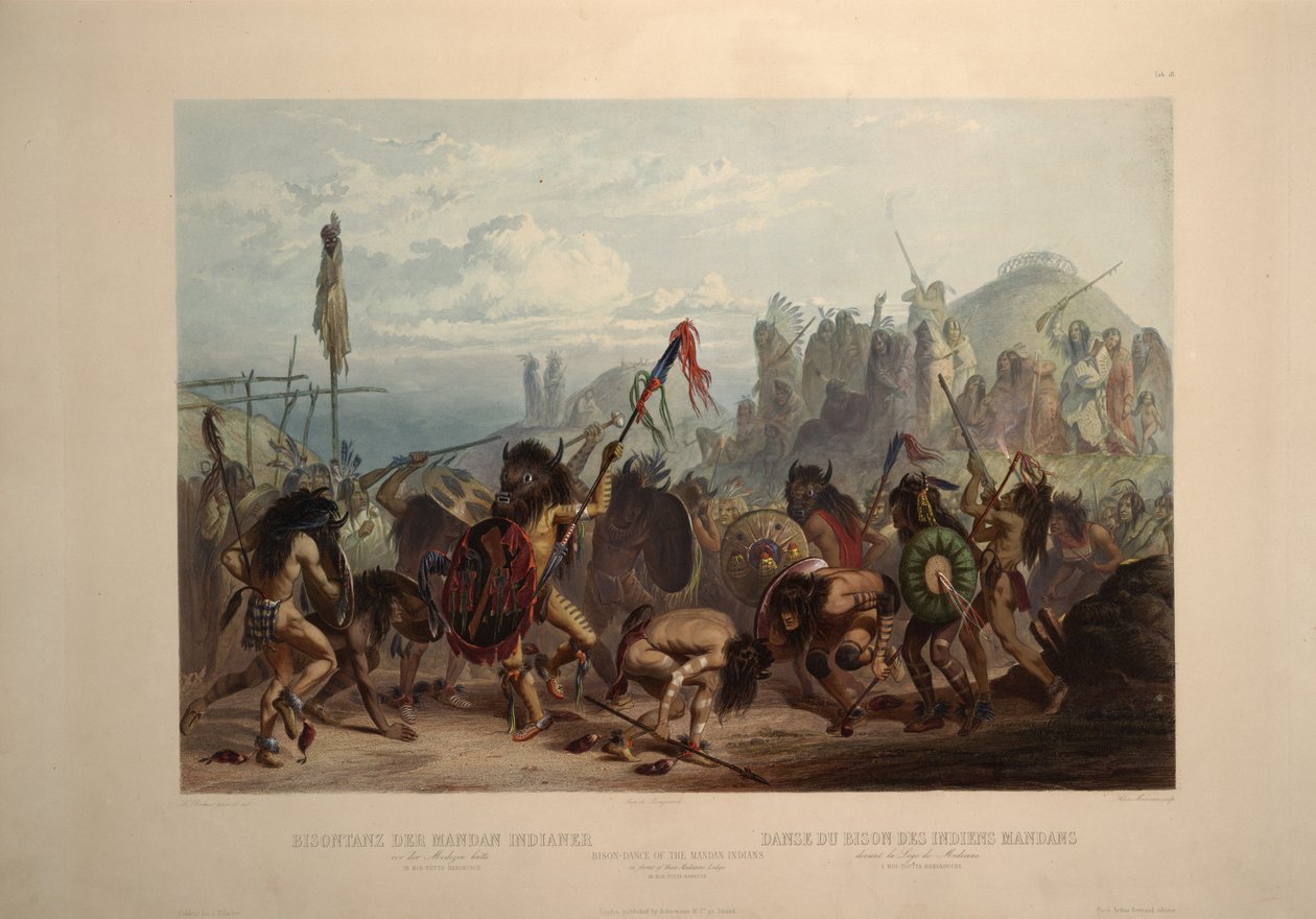 Mandan Kızılderililerinin ilaç kulübelerinin önünde bizon dansı by Karl Bodmer