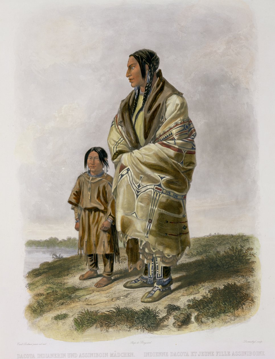 Dacota Woman ve Assiniboin Girl, Narcisse Desmadryl, 1844 (aquatint) tarafından oyulmuş “Kuzey Amerika