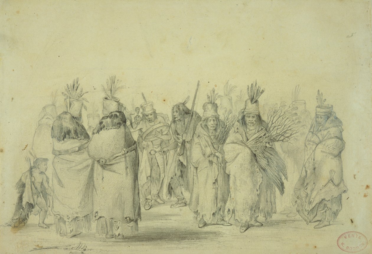 Mandan kadınlarının dansı, c.1833-43 (kağıt üzerine kurşun kalem, kalem ve tuvalet) by Karl Bodmer
