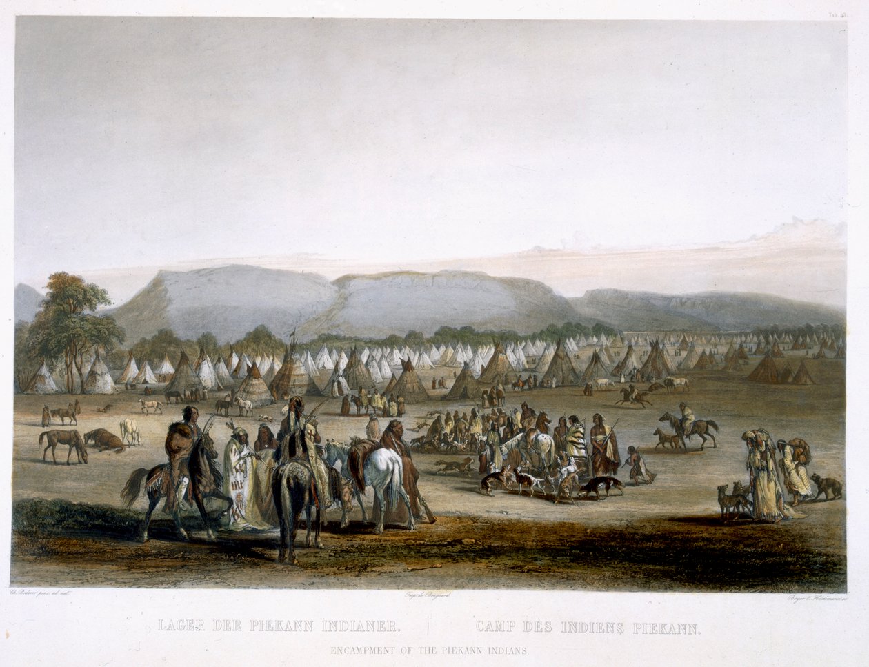 Piekann Kızılderililerinin karargahı, Leopold Beyer (1784-c.1870) ve J. Hurlimann, 1844 (aquatint) tarafından oyulmuş 'Kuzey Amerika'nın İç kısımlarında Seyahatler'in 2. Cildinden 43 numaralı levha by Karl Bodmer