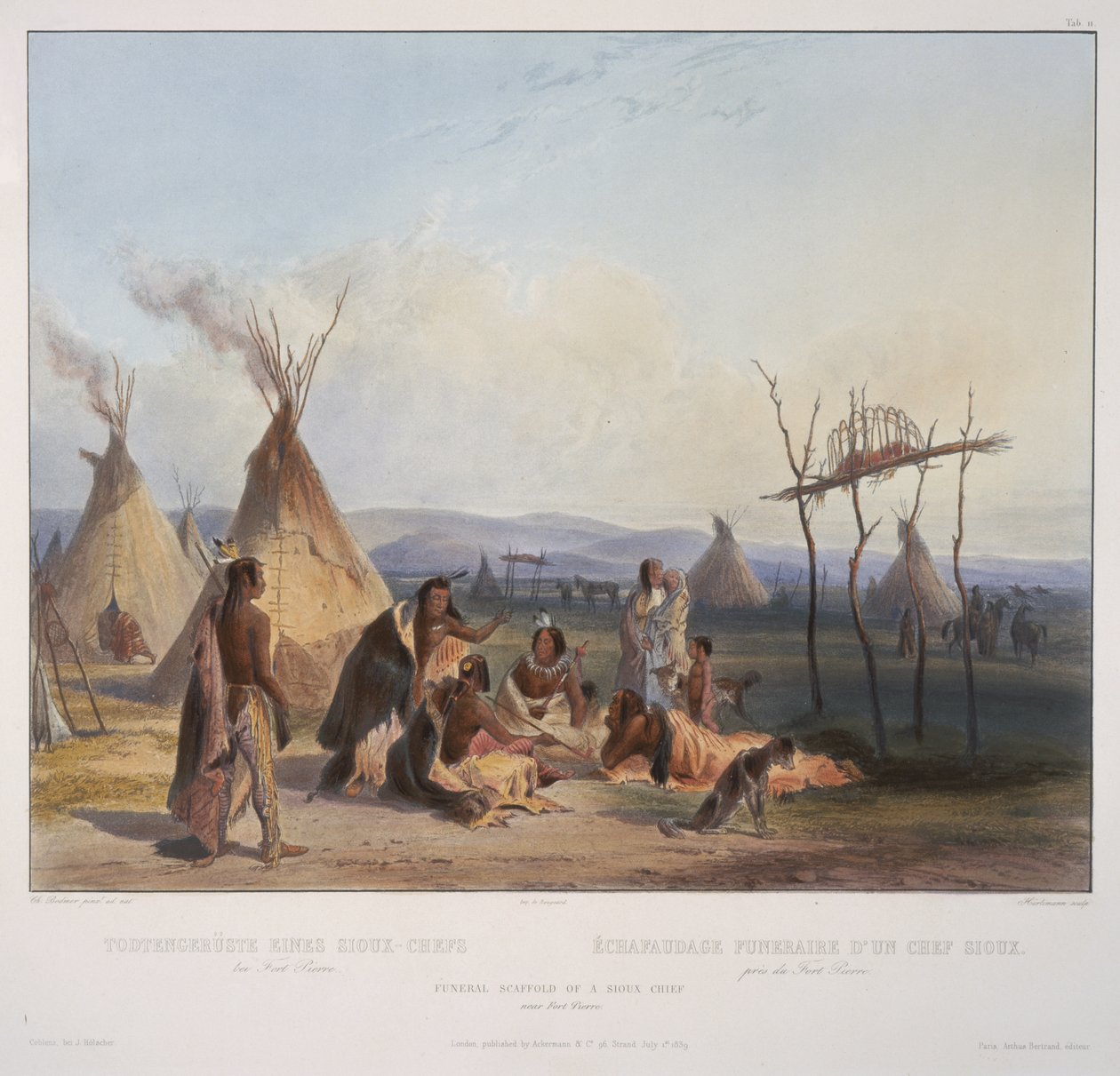 Funeral scaffold of a Sioux chief near Fort Pierre, engraved by J. Hurliman, published in 1839 (aquatint) by Karl Bodmer