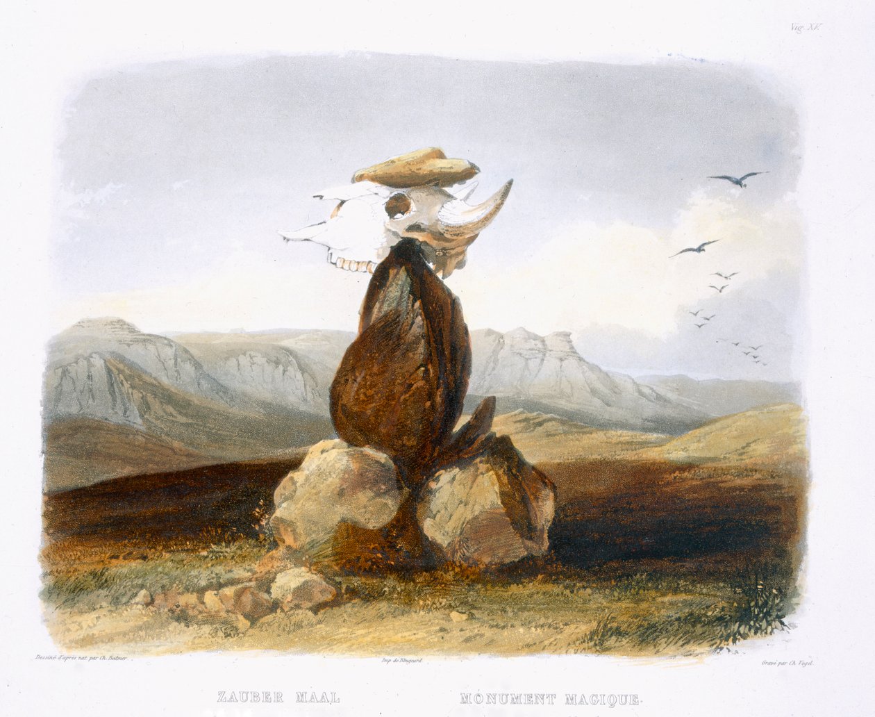 Assiniboin Kızılderilileri Tarafından Dikilmiş Sihirli Yığın, Carl Vogel (1816-51) 1843 (aquatint) tarafından oyulmuş 