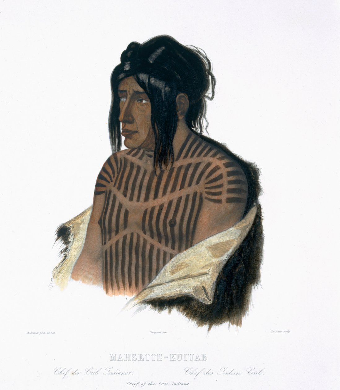 Mahsette-Kuiuab, Cree Kızılderililerinin Şefi, Pierre Joseph Tavernier (1787-s.1845) 1843 (aquatint) tarafından oyulmuş 