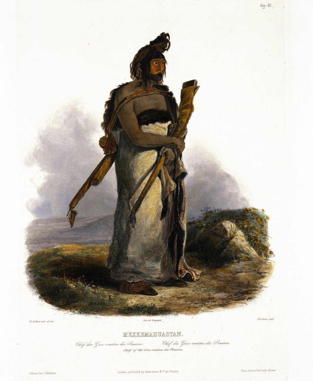 Mexkemahuastan, Prairies Gros-Ventres Şefi, J. Hurlimann, 1843 (aquatint) tarafından kazınmış 