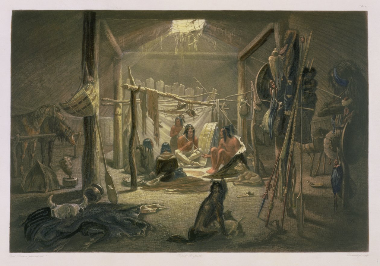 Bir Mandan Şefinin Kulübesinin İçi, Narcisse Desmadryl, 1844 (aquatint) tarafından oyulmuş 'Kuzey Amerika'nın İç İçi Seyahatler'in 2. Cildinden 19. levha (ayrıntılar için bkz. 29098) by Karl Bodmer