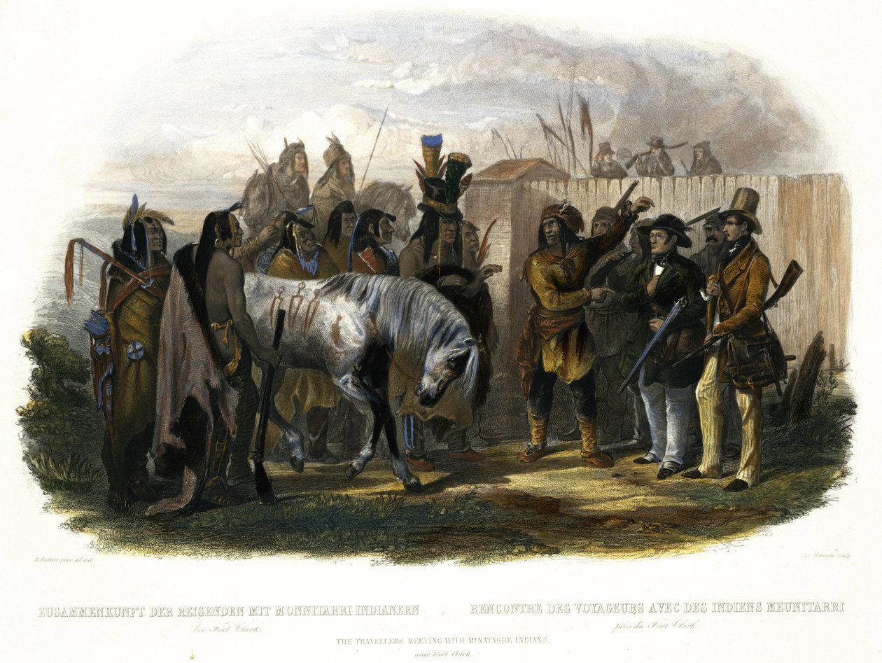 Gezginlerin Fort Clark yakınlarında Minatarre Kızılderilileriyle Buluşması, Alexandre Manceau tarafından kazınmış, 1843 (aquatint) 