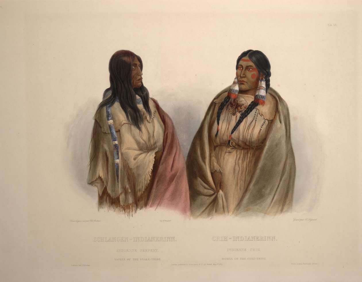Yılan kabilesinin kadını ve Cree kabilesinin kadını by Karl Bodmer