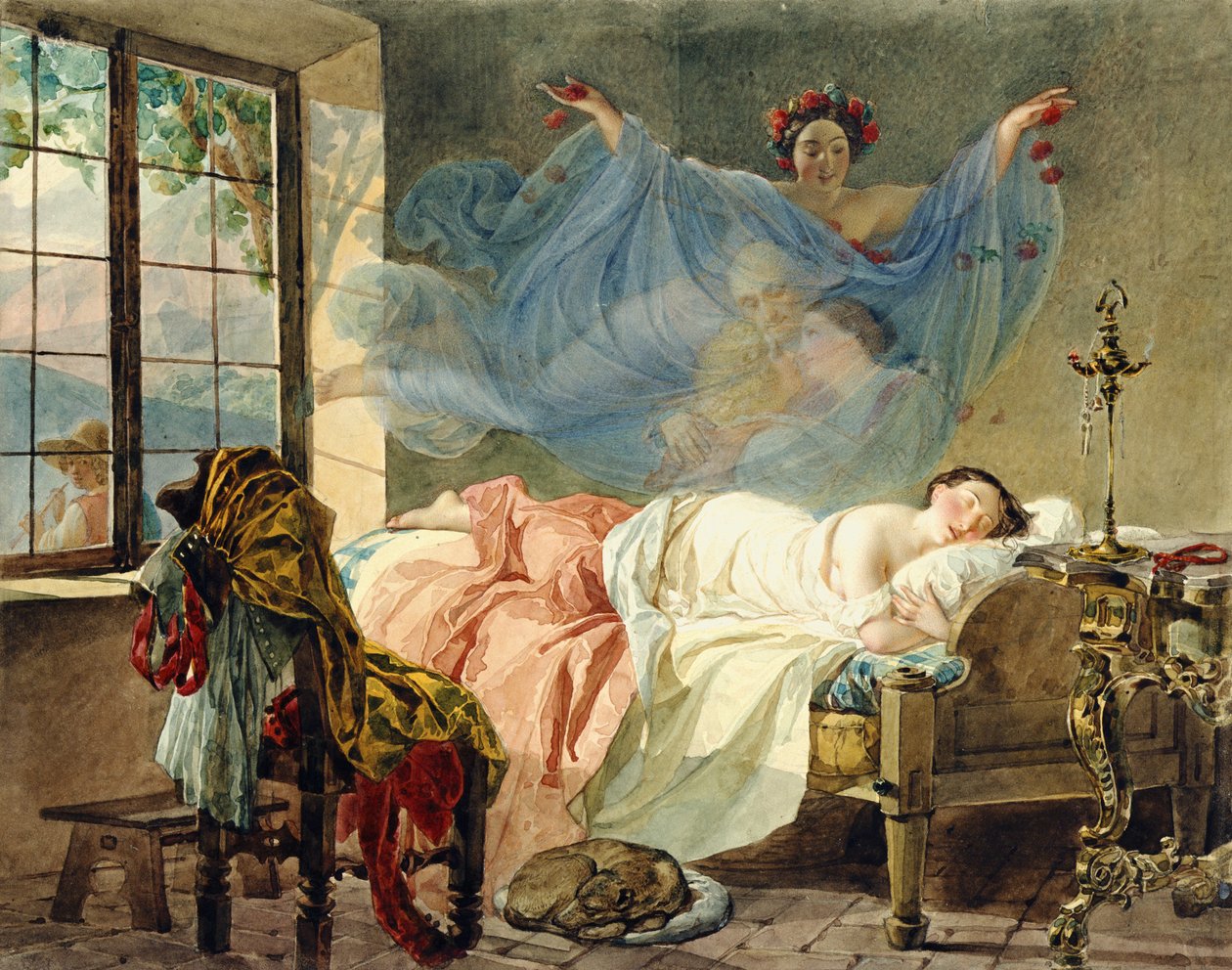 Dreams of a Young Girl at Daybreak, 1830-33 (wc on card) by Karl Pavlovich Bryullov