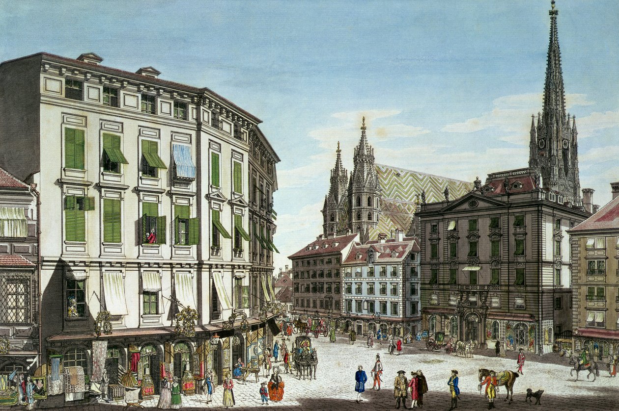 Stock-im-Eisen-Platz, arka planda Aziz Stephen Katedrali ile, sanatçı tarafından oyulmuş, 1779 by Carl Schütz