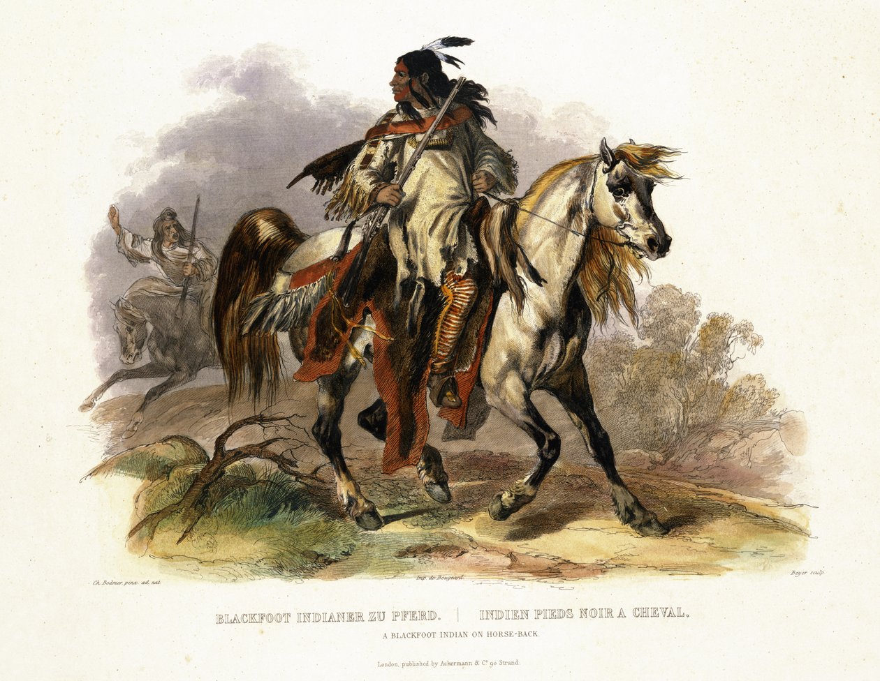 At Sırtında Bir Karaayaklı Kızılderili, Leopold Beyer (1784-c.1870) 1843 (aquatint) tarafından oyulmuş 