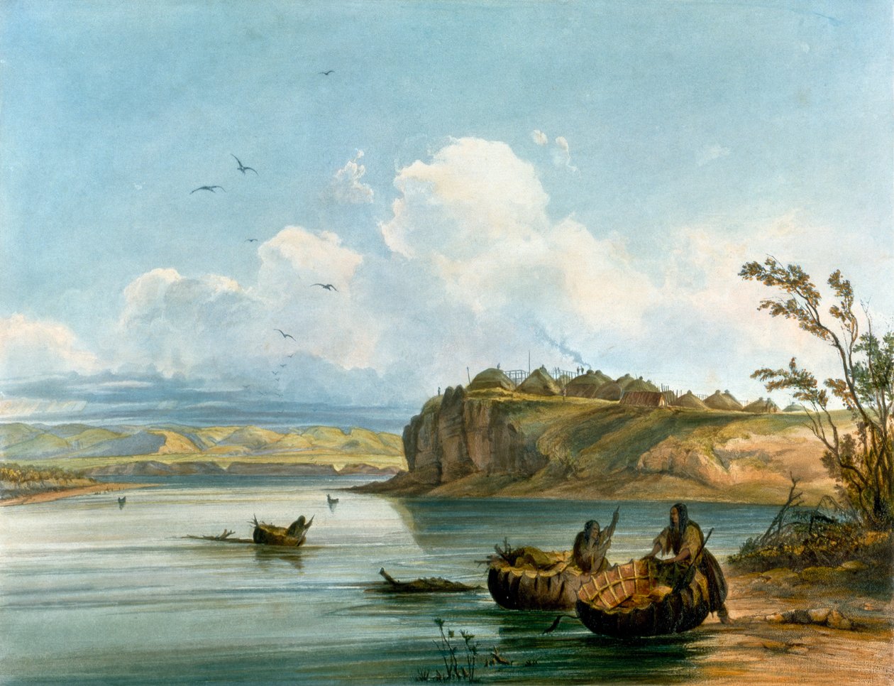 Mandan Kızılderili kadınları, bufalo derisinden yapılmış teknelerde Missouri Nehri'ni geçiyor, Kızılderili Medeniyeti, Amerika Birleşik Devletleri by Karl Bodmer
