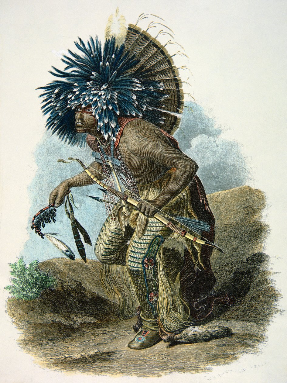 Mandan kabilesinin tıp adamı, Köpek Dansı kostümü giymiş by Karl Bodmer